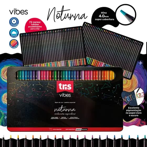 Lápis De Cor Vibes Noturna 72 Cores Estojo Lata Tris Múltiplas Cores