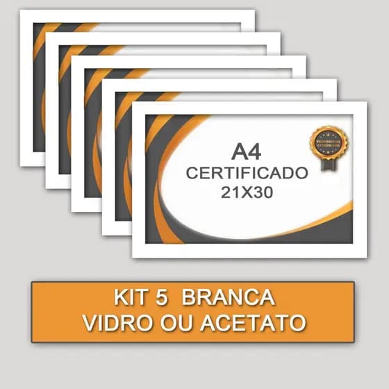 Kit 5 Moldura para Quadro Certificado BRANCO A4 21X30 - Vidro ou Acetato