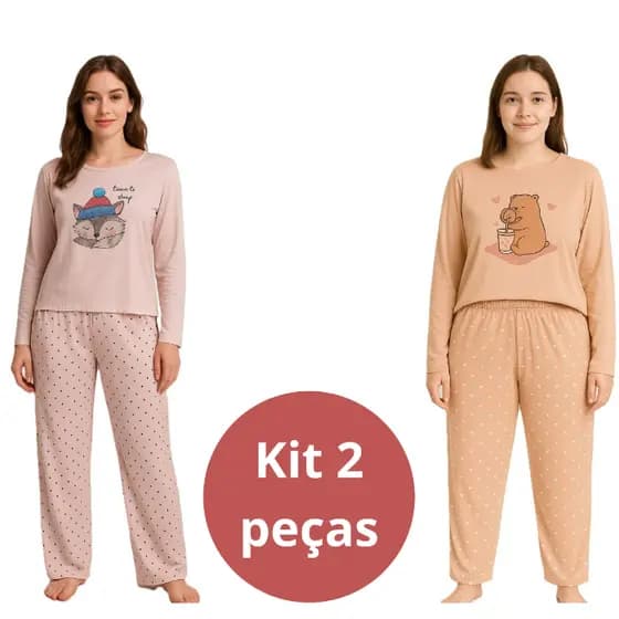 KIT 2 Pijama feminino inverno manga longa estampa variada