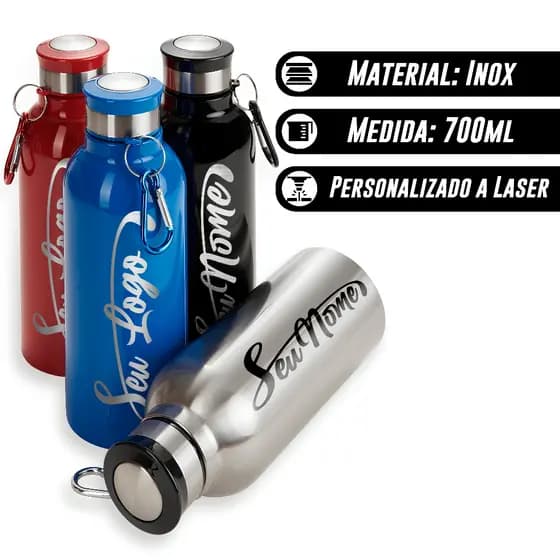 Garrafa Inox 700ml Personalizada com seu Logo, nome ou Time - Gravação a Laser Eterna