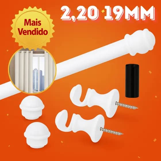 Kit Varão 2,20m 19mm Branco Fino Ferro Completo Simples Quarto Sala Suporte Parafuso Resistente