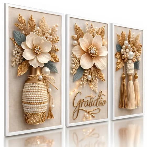 Quadros Decorativos Trio Flores Moderno Flor Delicada Cesto Gratidão