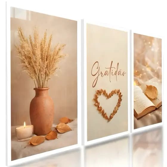 Kit 3 Quadros Decorativos Folhas Gratidão Fé Trigo Prosperidade para Sala