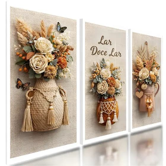 Quadros Decorativos Trio Moderno Sofisticado Floral Vaso Flor Verde Branco Gold Sala