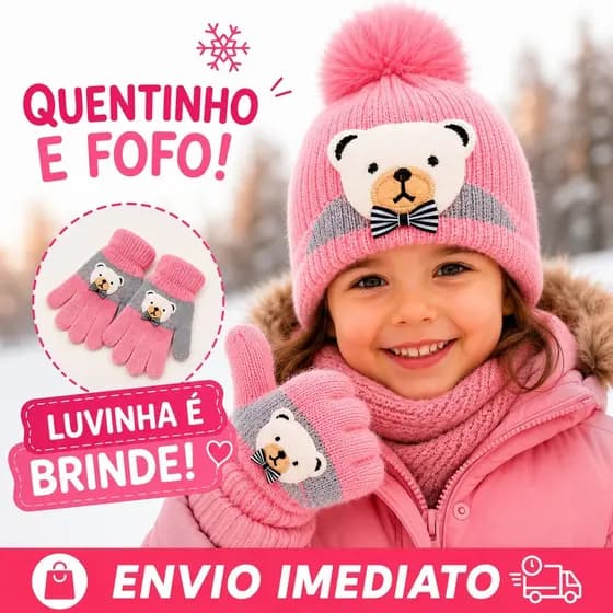 Touca Infantil de Inverno Ursinho com Pompom + Luvinha Brinde Quentinha 1 a 6 Anos