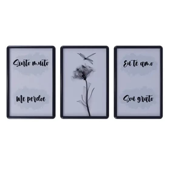 Kit 3 Quadros Decorativos com moldura Tema Sinto muito Me perdoe Eu te amo e Sou Grato