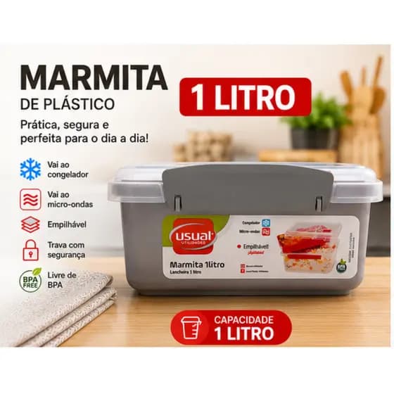 Marmita 1 Litro Cinza Palha Trava Hermética pode ir ao Micro-ondas e Congelador Válvula para Saída de Vapor Livre de BPA