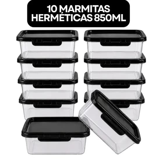 Kit 10 Marmitas com Travas 850ml BPAFREE Pote Plástico Freezer Microondas Fitness Refeição Alimento