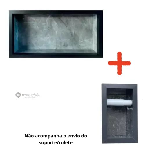 01 Nicho e 01 Porta Papel Higiênico Duplo Porcelanato Grafite Borda Preta Banheiro