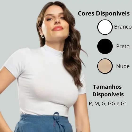 Blusa Feminina Gola Alta Manga Curta Suplex Camiseta Básica Justa Confortável