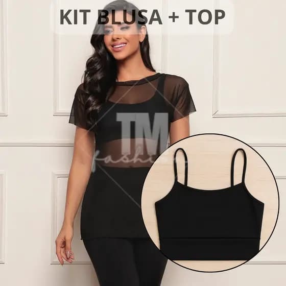 Kit Blusa Feminina Transparente Tule e Top Fitness Academia Treino