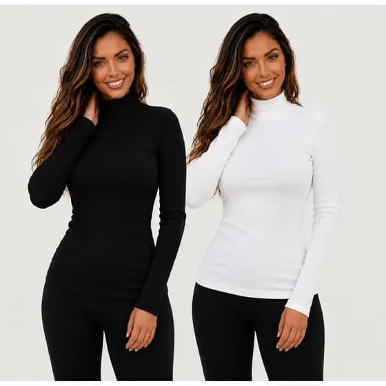 Kit 2 Blusa Blusinha Frio Manga Longa Feminina Elegante Gola Alta Cacharel Canelada Roupa Básica Moda Aconchegante Frio