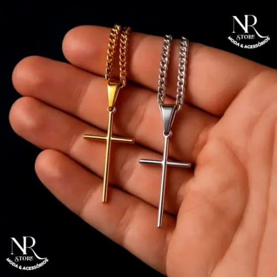 Colar Corrente Masculino Grumet 3cm Aço Inox Prata ou Dourado 60cm + Pingente Cruz