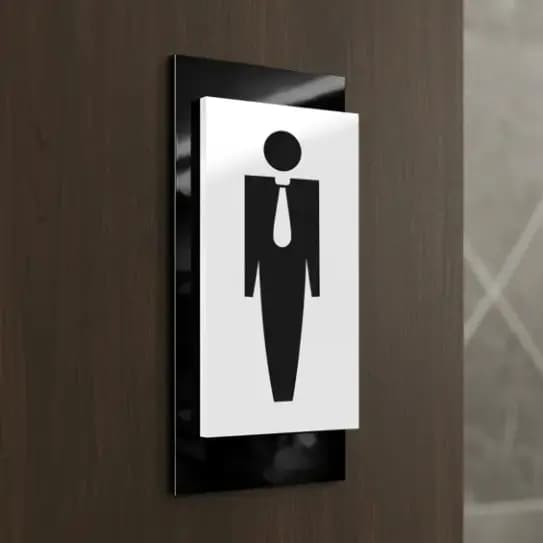 Placa Sinalização Premium Luxo Para Porta Banheiro WC Toillet Masculino Homens ACM Preto Branco