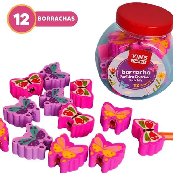 Kit 12 Borracha Ponteira Ponta de Lapis Borboletas Fofas Meninas Rosa