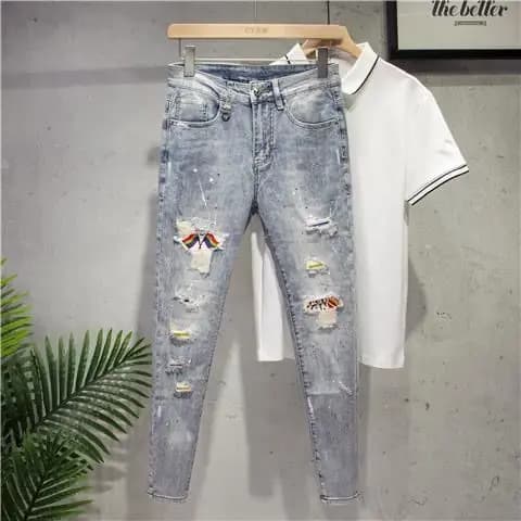 Elástico rufião bonito laca ponto rasgado Jeans masculino remendo na moda All-Match Casual fino ajuste tornozelo comprim
