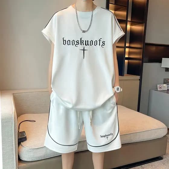Colete terno masculino juventude meia manga camiseta um conjunto verão calças de cinco pontos simples Undershirt esporte