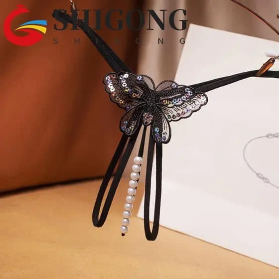 SHIGONG Roupa Íntima Feminina Bordada Borboleta Pérola Tanga