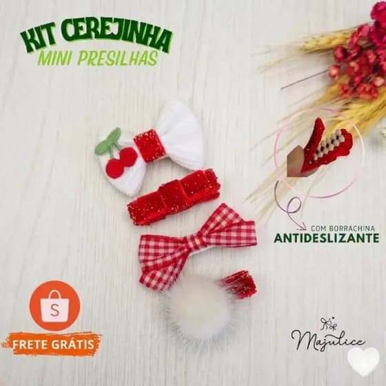 Kit Mini Lacinhos de Bebê presilha Não Escorrega Laços RN Kit Cerejinha Saída de Maternidade Enxoval