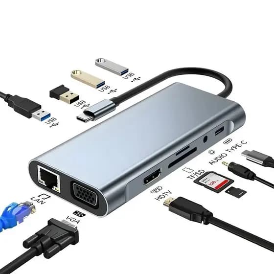 Hub Adaptador USB-C 11 em 1 com HDMI, VGA, LAN, USB 3.0, Leitor de Cartões e Áudio – Tipo-C Multifuncional fang