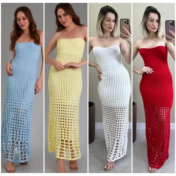 VESTIDO TRICÔ LONGO TOMARA QUE CAIA LONGUET TENDÊNCIA VERMELHO AZUL BEBÊ AMARELO BRANCO AMARELO CLARO CANDY TRICO FURADO
