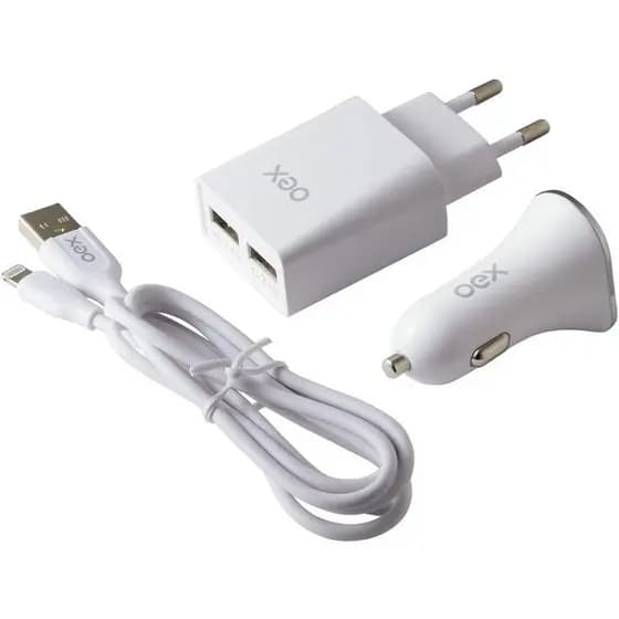 Kit 3 em 1 Oex Lightning - Carregador Veicular, 2 USB + Cabo Lightning + Carregador de Tomada, 2 USB, Branco - KV101
