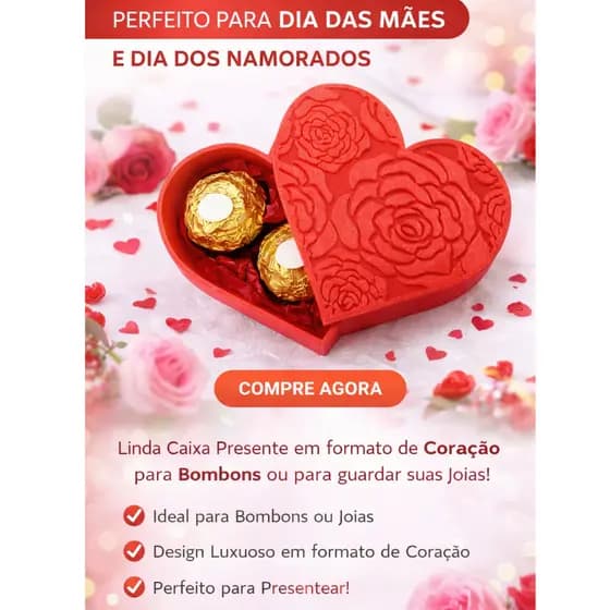 Caixa Coração Porta Bombom ou Porta Joias – Presente Dia das Mães / Dia dos Namorados – Caixa Decorativa Romântica