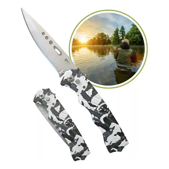 Canivete Punhal Automático de Bolso Com Bainha Para Caça E Pesca Selva Camuflado Luxo A861
