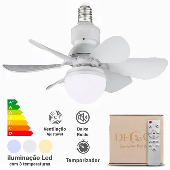 Ventilador de teto Com Lâmpada Luz LED 3 Cores 80W 6 Hélices Controle Remoto Bivolt Potente Silencioso Portátil