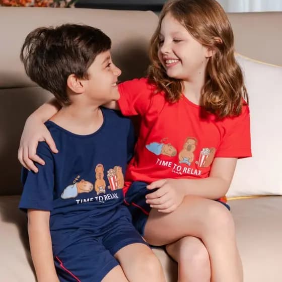 Conjunto Pijama Infantil Capivara Verão Manga Curta Família