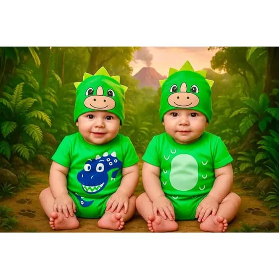Body Temático Dinossauro Body Mesversário Dino Fantasia para bebê Roupa para bebê Body + Touca Bichinho Body Unissex