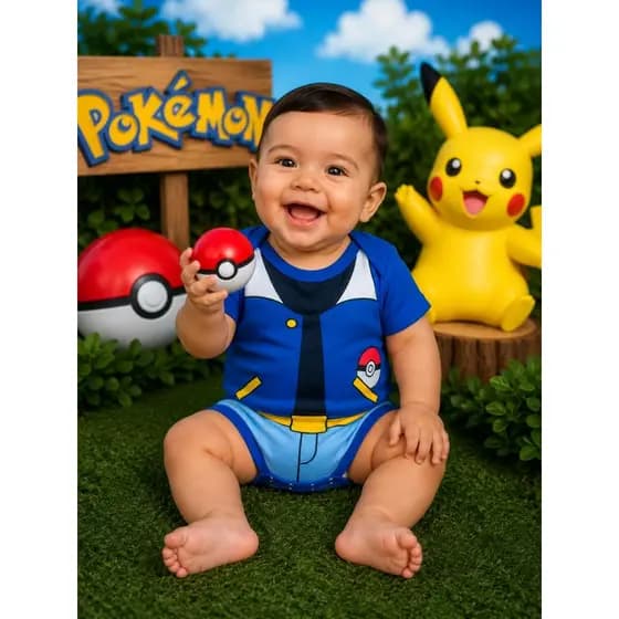 Body Temático Ash Pokémon Body Mesversario Pokémon Body Bebê Menino Body Desenho Animado Body Anime Bebê Body Anime Bebê