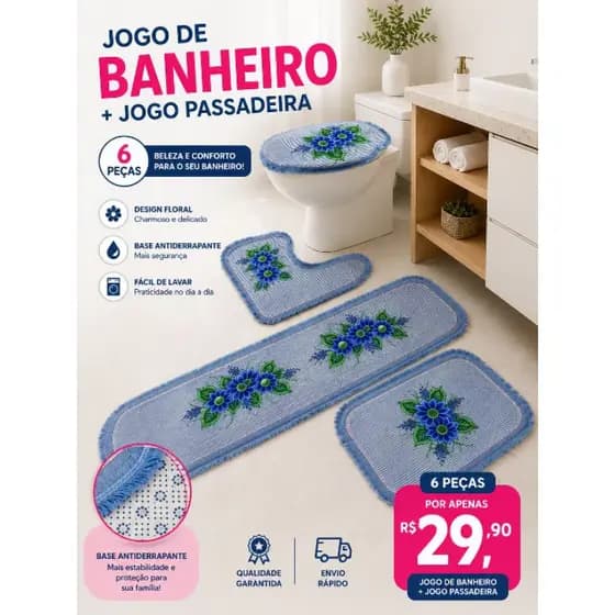 Tapete de banheiro+ passadeira total 6 peças