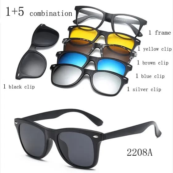 Armação De Óculos Grau e Sol Polarizado Quadrado Clip on 6 em 1 Mod 2298 Adicional Magnetico Troca Lentes Clipe de Moda em Mulheres Magnéticas Óculos de Sol Homens Magnet Clip Myopia Óculos Esportes ao ar livre 1 + 5 Óculos de sol combinados Sunglasses