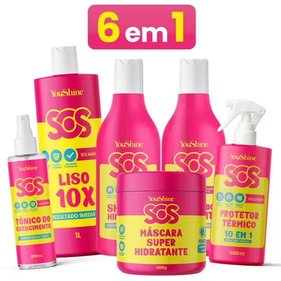 Kit 6 em 1 SOS YouShine Linha Completa Máscara Shampoo Condicionador Progressiva Protetor Tônico
