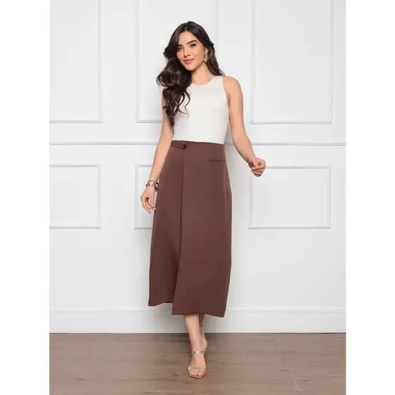 L167 Saia Midi feminina Detalhe lateral Bolso falso ziper atrás