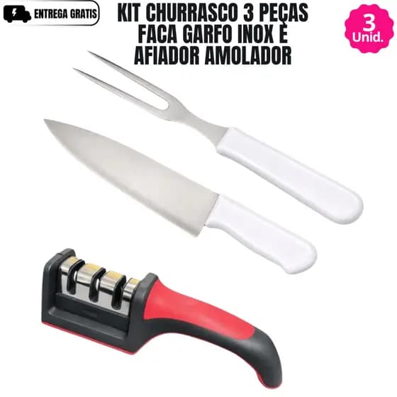 Kit Churrasco 3 Peças Faca Garfo Inox E Afiador Amolador