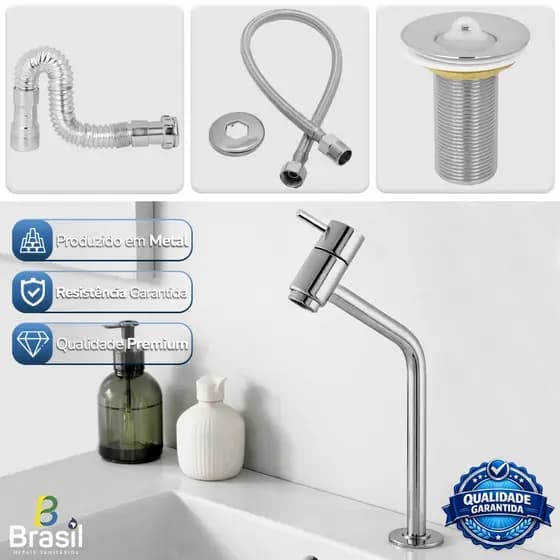 Kit Torneira Cuba Link Banheiro Lavabo 100% Metal + Válvula 7/8 + Sifão Cromado + Engate 60cm