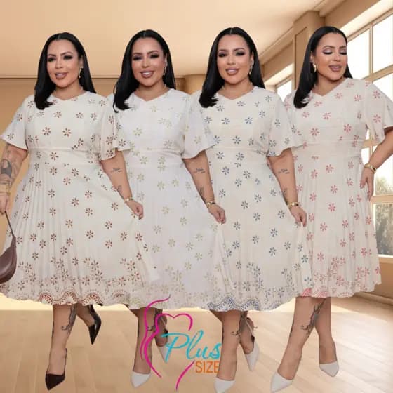 Vestido Feminino Midi Plus Size Duna ESTAMPADO Saia Plissado Moda Evangélica Casual Elegante G1 G2 G3