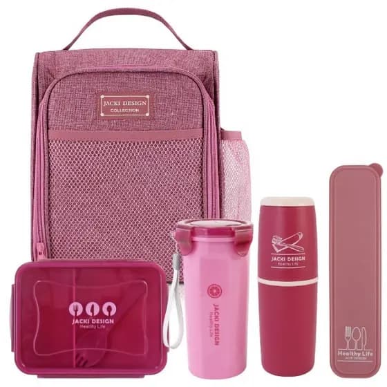 Kit de Bolsa Térmica c/ 2 Compartimentos, Pote Marmita e Garrafa, Porta Talher e Porta Escova- Jacki