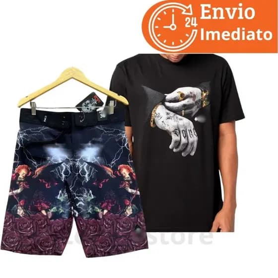 Conjunto bermuda elastano estampada + camisa malha 30.1 estampada 100% algodão kit short tectel surf camiseta de cria