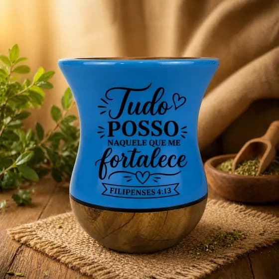 Cuia chimarrão azul claro de madeira Personalizada com nome ou frase