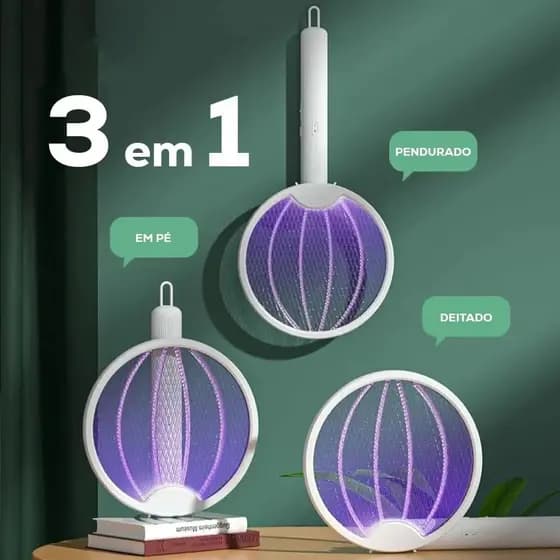 Raquete Elétrica Mata Mosquito 3 em 1 Dobrável | Recarregável USB Com Luz UV | Mata Insetos Bivolt Kit