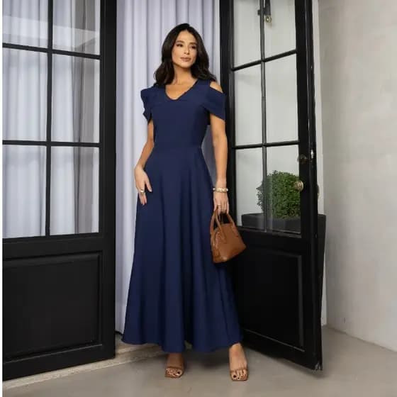 Vestido Longo Feminino Elegante Alfaiataria Manga Drapeada Ombro Caído Moda Evangélica Social Festa Casamento M G