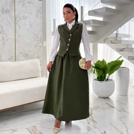 Conjunto Feminino Elegante Colete Alongado Acinturado com Botões Funcionais e Saia Maxi Midi Franzida com Elástico nas C