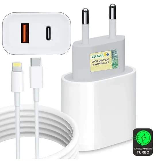 Carregador Iphone Turbo Fonte 25W 2 Entradas USB e USB-C + Cabo Usb-Lightning Ultra Rápido Iphone 6 7 8 X XR XS 11 12 13