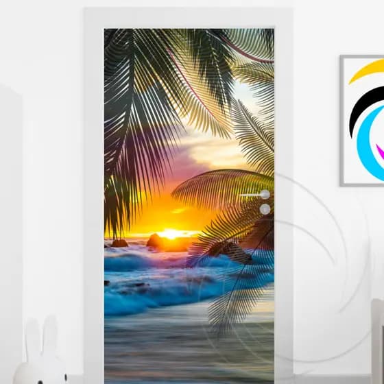 Adesivo De Porta De Madeira ou Vidro Decoração Revestimento Paisagem - Praia e Coqueiro 02175