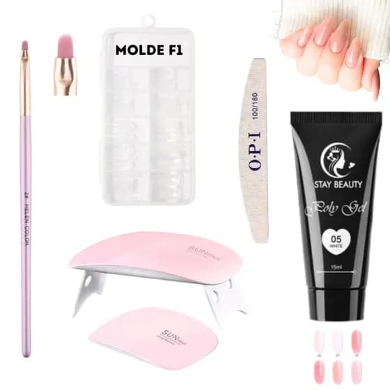 Kit Alongamento Poligel Polygel + Molde F1 + Lixa + Mini Cabine De Unha + Pincel Reto