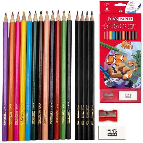 LAPIS DE COR SEXTAVADO 12 CORES + APONTADOR + BORRACHA E 4 LAPIS GRAFITE HB YINS PAPER