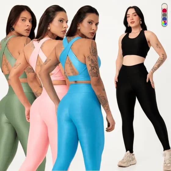 Conjunto Fitness Canelado Poliamida Calça Legging Top Feminino Zero Transparência Roupa Academia